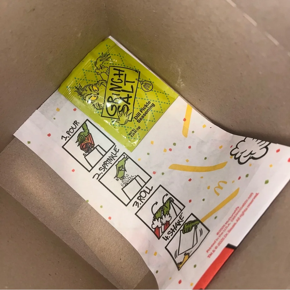 McDonald’s Grinch Meal Boxes with Pickle Seasoning Packet and Shaker Bag